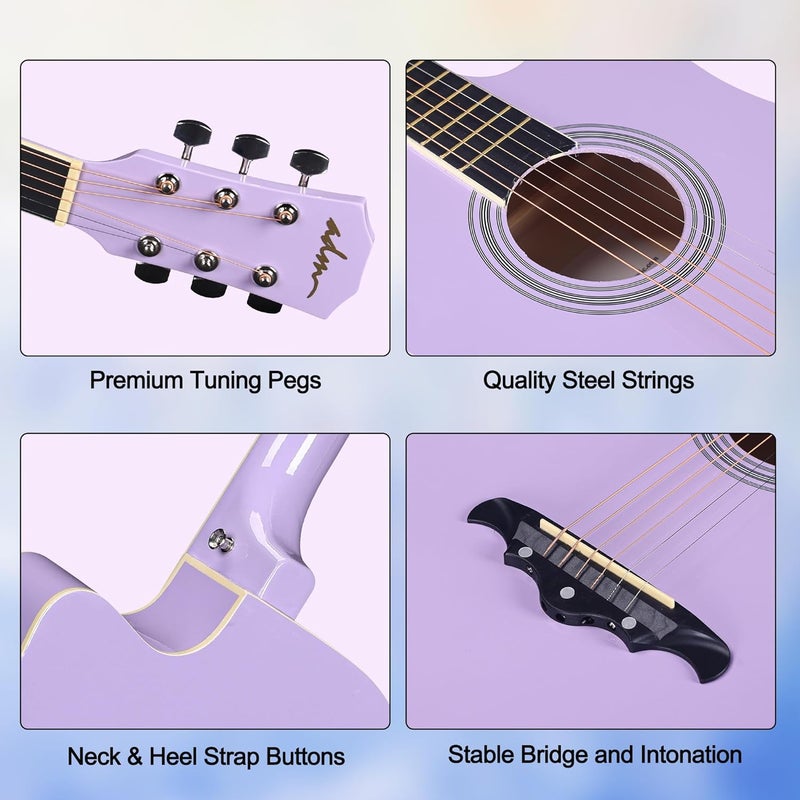ADM 38" Inch Acoustic Guitar Bundle for Beginners Adults with Online Lesson, Cutaway Wood Acustica Guitarra Starter Set Package with Gig Bag, Strap, Steel Strings, Picks, Capos, Stand, Purple 1 - Image 3